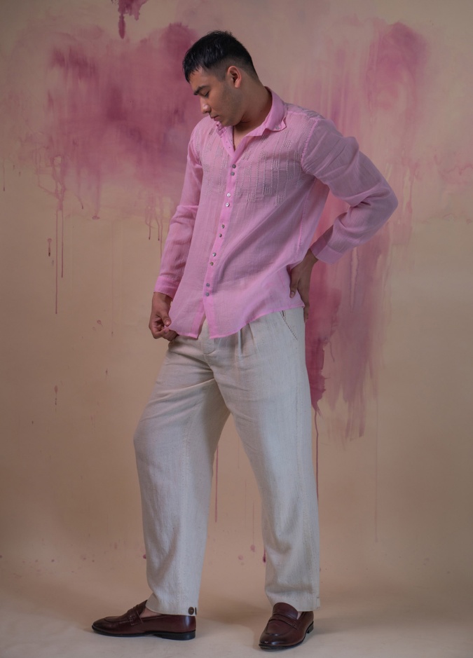 Buy Light Pink Sheer Shirt by LAFAANI MEN at Ogaan Market Online Shopping Site